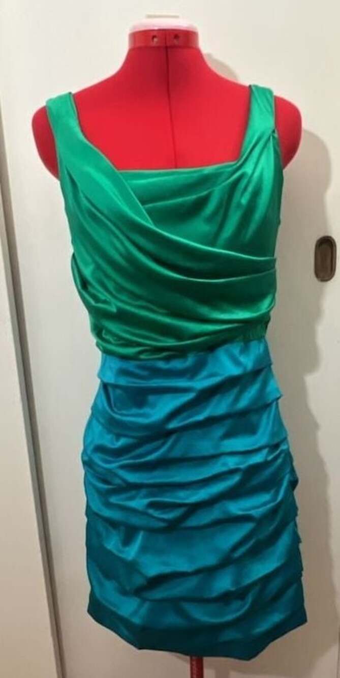 Express Colorblock Ruched Satin Drape Neck Cocktail Dress
